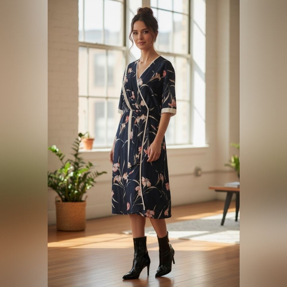 Vintage Iris Floral Faux Wrap Front Midi Dress